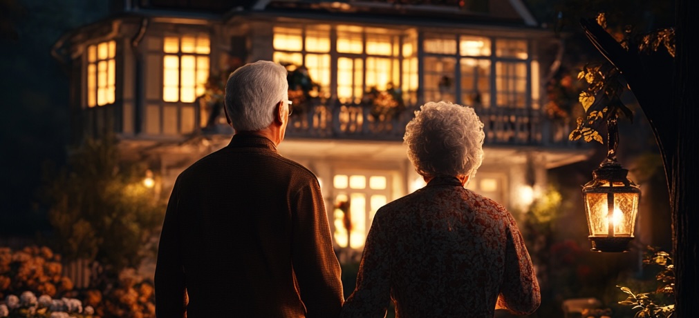 Altes Paar steht händchenhaltend vor einem hell erleuchteten Haus