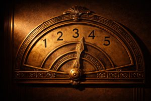 Messinganzeige eines Art-déco-Fahrstuhls mit den Ziffern 1 bis 5 und einem Zeiger, der auf die 3 zeigt — als Symbol für die fünf Pflegegrade im deutschen Pflegesystem.