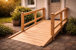 Barrierefreie Holzrampe am Hauseingang für Rollstuhl und Pflege zu Hause