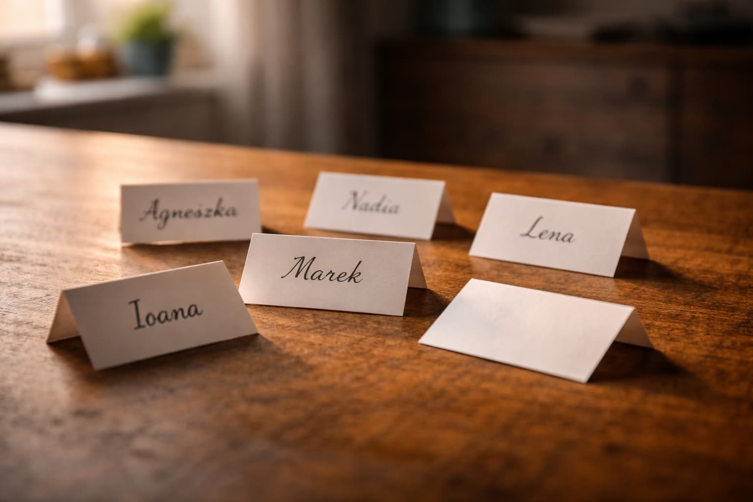 DFünf Namenskärtchen auf einem Holztisch: Agneszka, Nadia, Lena, Marek, Ioana – osteuropäische Vornamen, wie sie typisch sind für 24-Stunden-Pflegekräfte in deutschen Haushalten.