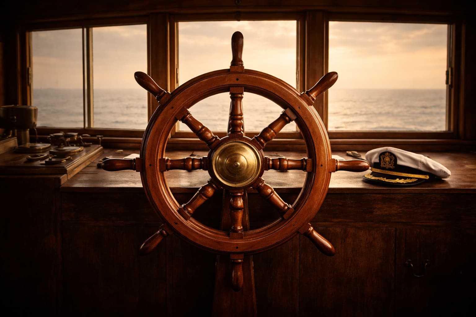 Das Steuerrad eines Schiffes auf einer alten Holzbrücke. Durch das Fenster ist das offene Meer im Abendlicht zu sehen. Daneben liegt eine Kapitänsmütze. Das Bild steht sinnbildlich für die Frage: Wer übernimmt das Ruder, wenn man selbst nicht mehr steuern kann?