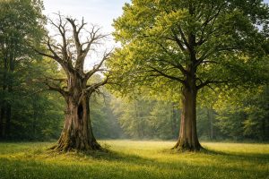 Zwei Eichen stehen nebeneinander auf einer sommerlichen Lichtung im frühen Morgenlicht. Die linke Eiche ist alt und kahl – ohne Blätter, mit abgestorbenen Ästen, rissiger Rinde und einer Höhle im Stamm. Die rechte Eiche trägt volles grünes Sommerlaub und wirkt kräftig und vital. Zwischen beiden Bäumen liegt eine weite, von Morgennebel durchzogene Wiese