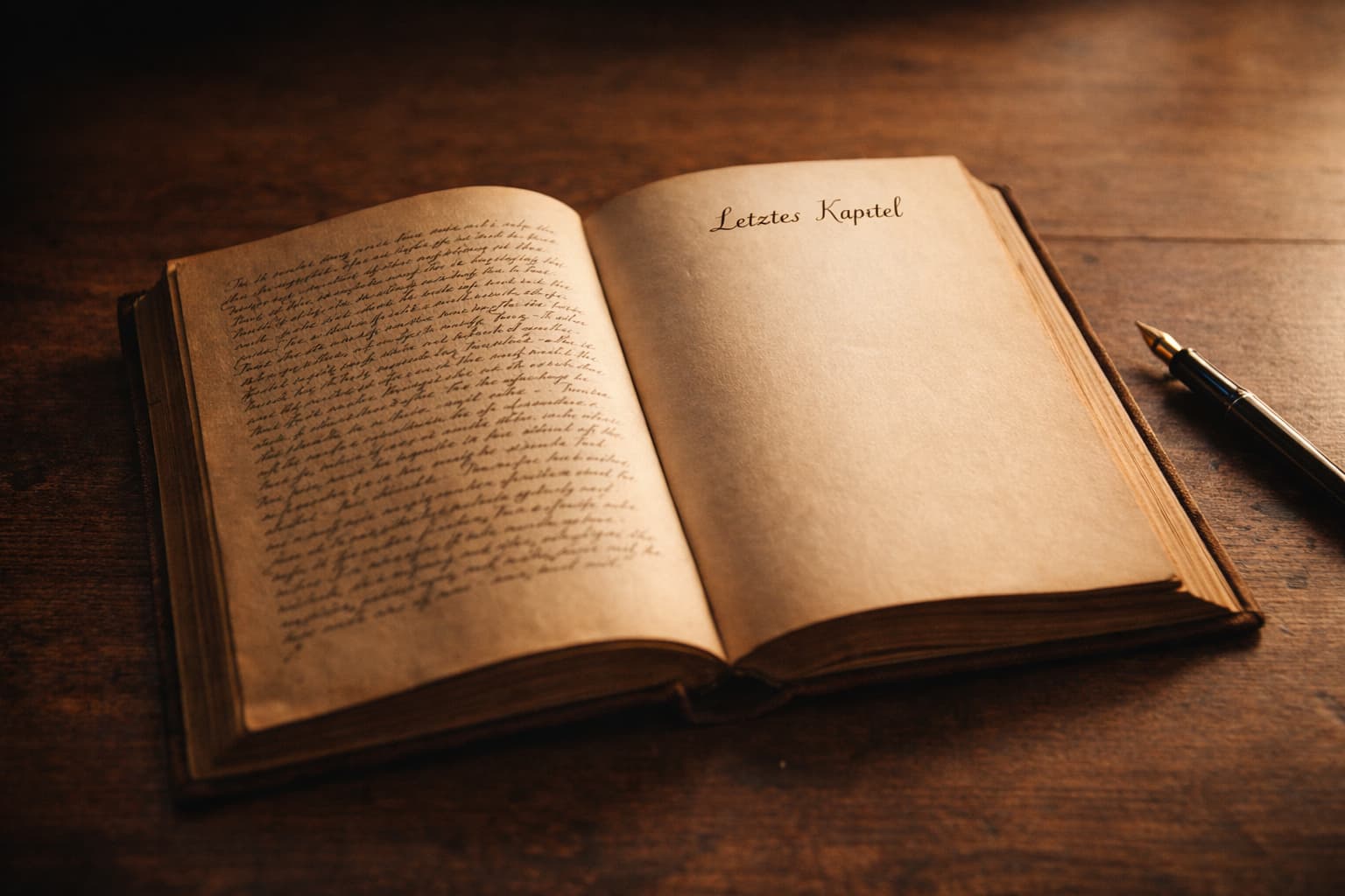 Ein aufgeschlagenes altes Buch liegt auf einem dunklen Holztisch. Die linke Seite ist dicht mit handgeschriebenem Text in geschwungener Schrift bedeckt. Die rechte Seite ist fast leer – nur die Überschrift „Letztes Kapitel