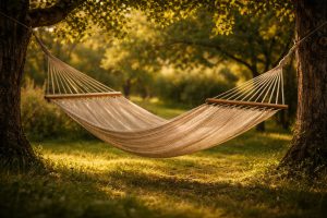 Eine leere Hängematte aus hellem Geflecht hängt zwischen zwei alten Bäumen in einem sommerlichen Garten. Warmes Nachmittagslicht fällt durch das Blätterdach und taucht die Szene in goldgrünes Licht. Der Garten im Hintergrund ist unscharf, grün und friedlich.