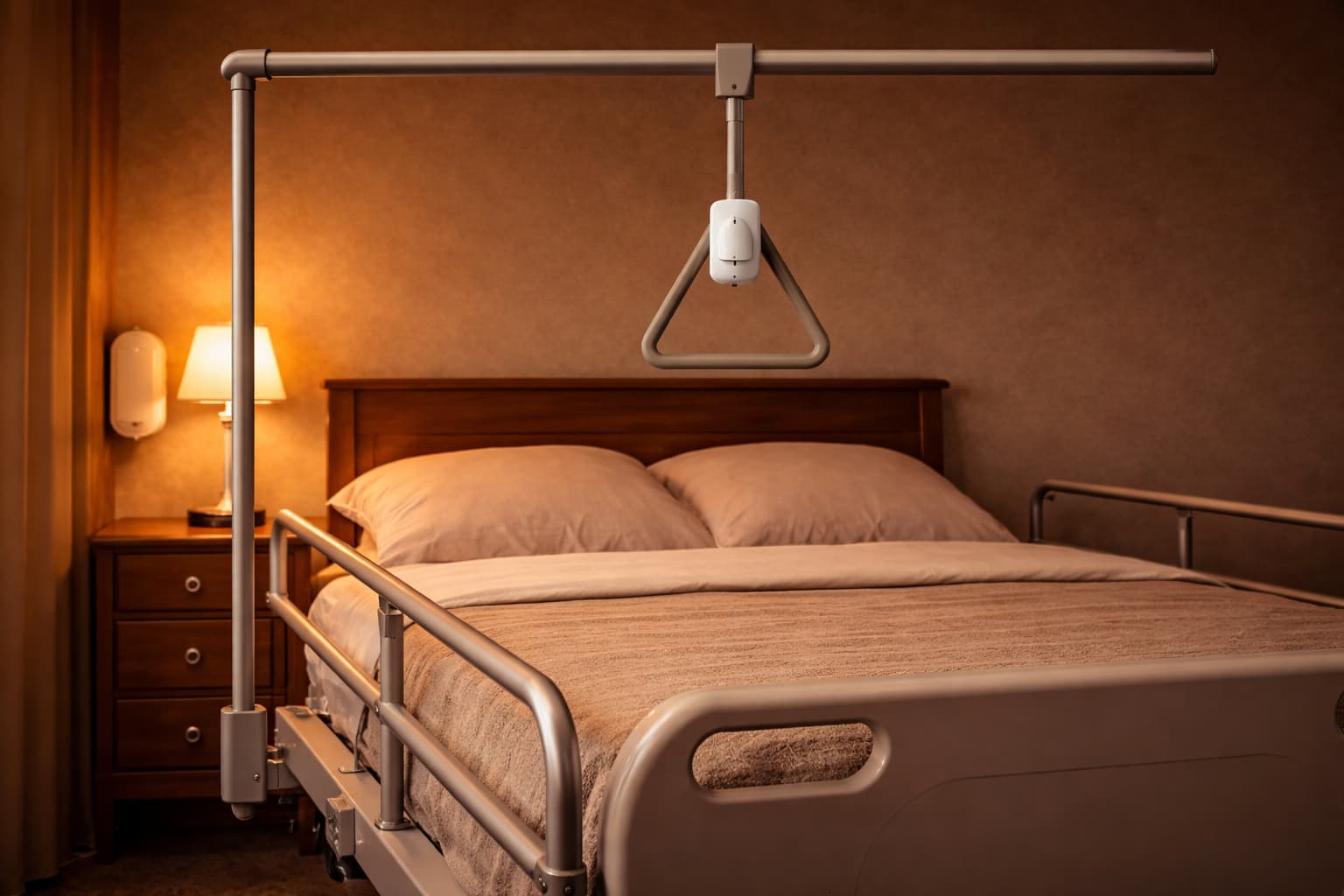 Ein Pflegebett mit Seitengittern steht in einem warm beleuchteten Schlafzimmer. Über dem Kopfkissenbereich hängt ein echter Bettgalgen – eine L-förmige Metallkonstruktion mit einem Dreiecksgriff, an dem ein Funk-Klingelknopf befestigt ist. Links daneben ein Nachttisch mit einer Nachttischlampe und an der Wand ein Funk-Empfänger. Kein Mensch ist zu sehen.