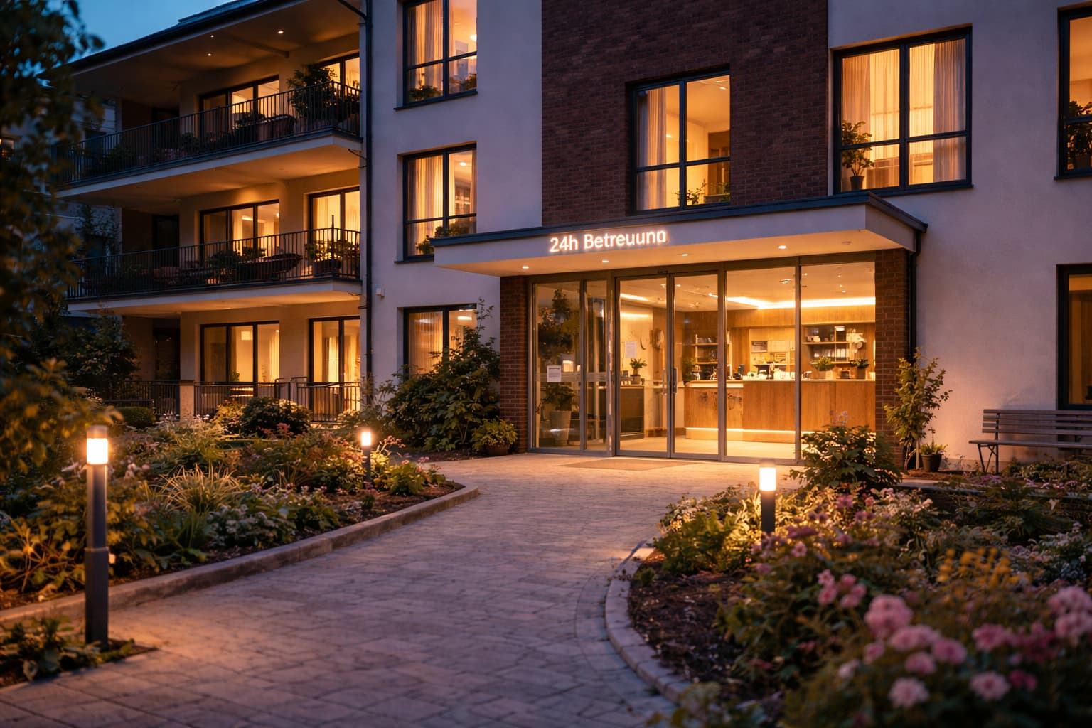 Außenansicht eines betreuten Wohngebäudes in der Abenddämmerung mit beleuchtetem Empfangsbereich und Schild 24h Betreuung