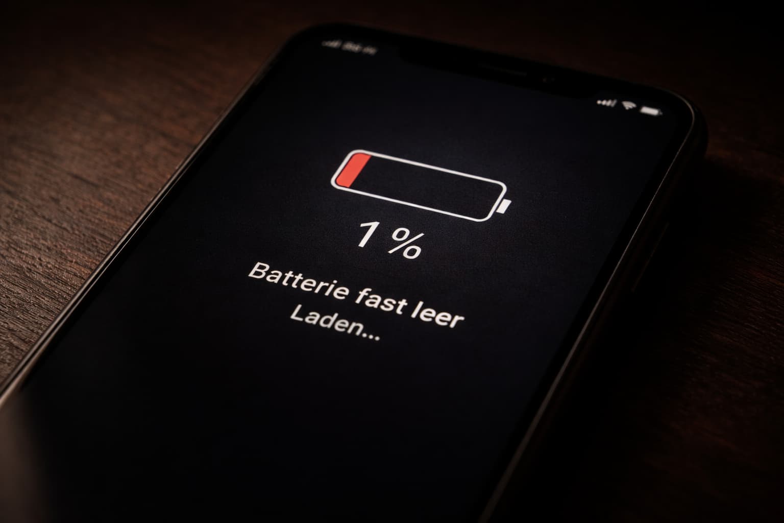 Smartphone mit fast leerem Akku (1 %) und Anzeige „Batterie fast leer – Energiesparmodus“, Symbol für Erschöpfung und Überlastung pflegender Angehöriger