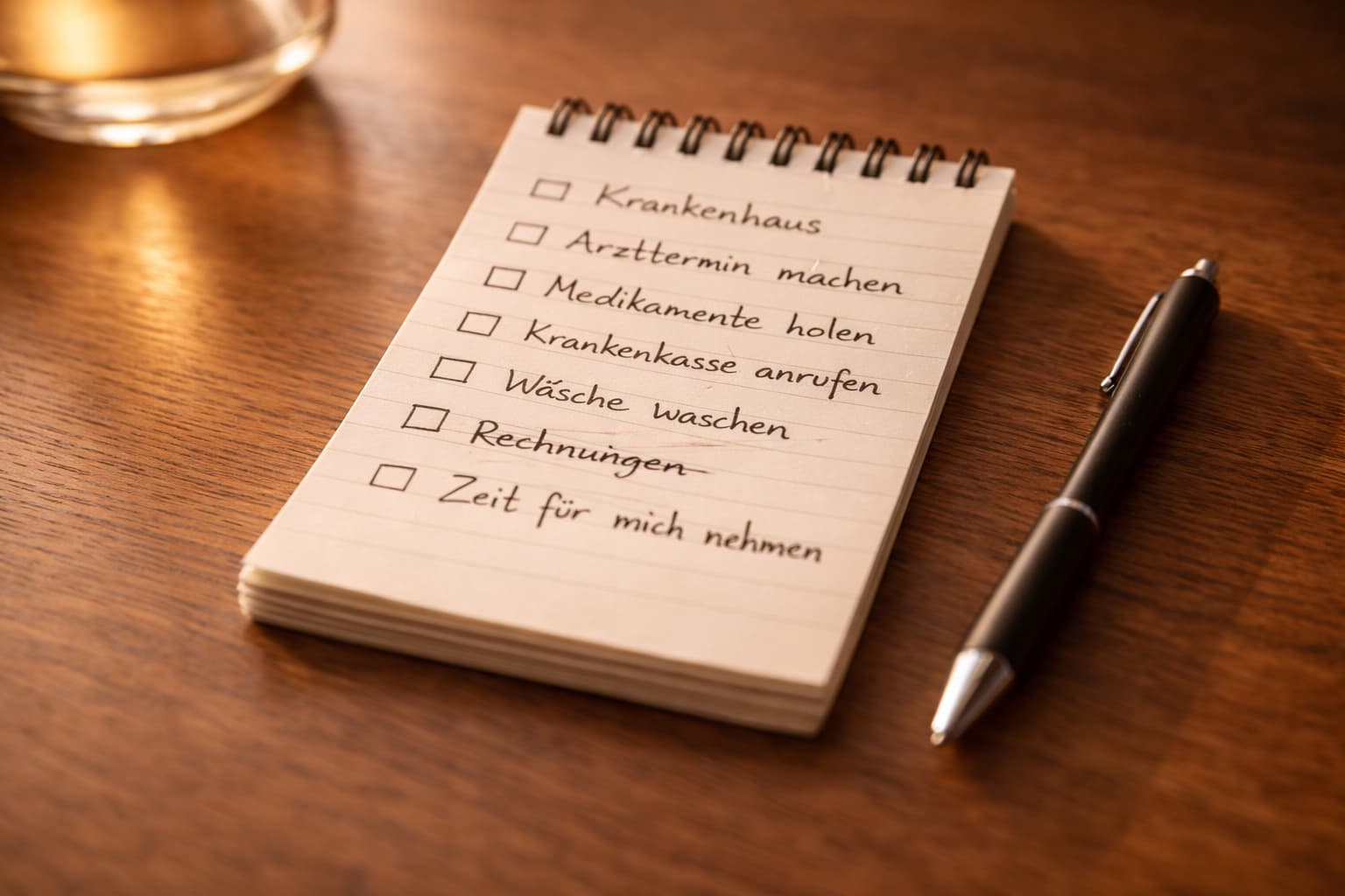 Handgeschriebene To-do-Liste einer pflegenden Person: Krankenhaus, Arzttermin, Medikamente, Krankenkasse, Wäsche, Rechnungen – und ganz unten: Zeit für mich nehmen.