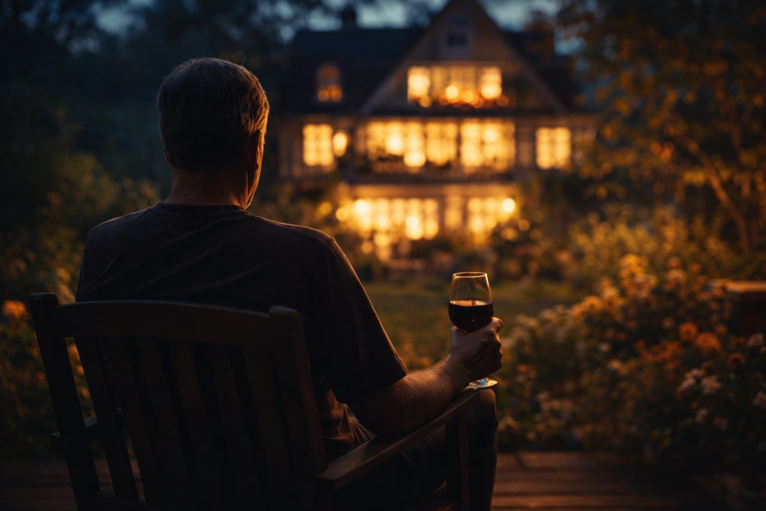 Person sitzt abends im Garten und schaut auf ein erleuchtetes Haus